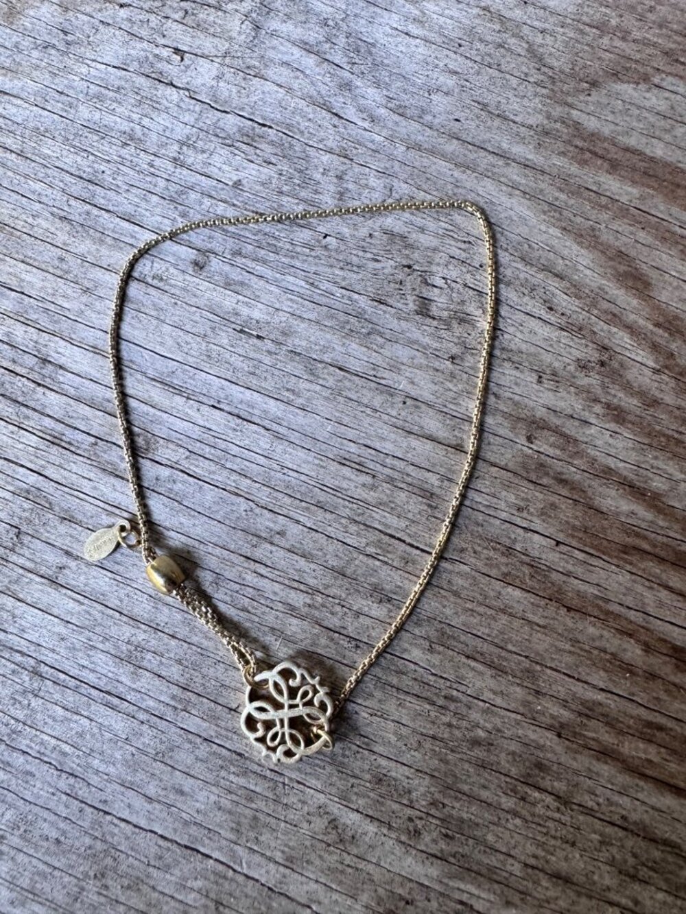 Alex and Ani Gold Tone Slider Necklace Filigree Monogram Charm Adjustable - Picture 9 of 9
